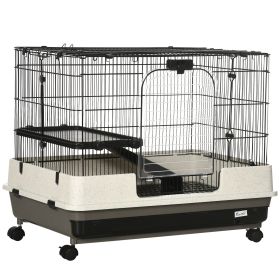 PawHut 2-Tier Black Small Animal Cage Rabbit Hutch with Wheels Removable Tray Platform Ramp for Bunny Chinchillas Ferret Hedgehog Gerbils