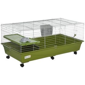 PawHut 47" Small Animal Cage, Chinchilla Guinea Pig Hutch, Ferret Pet House with Platform Ramp, Food Dish, Wheels & Water Bottle, Green