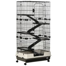 PawHut 6-Tier Small Animal Cage, Rabbit Hutch with Wheels, Removable Tray, Platform and Ramp for Bunny, Chinchillas, Ferret, Hedgehog & Gerbils, Black