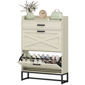 HOMCOM Shoe Organizer Cabinet Slim with 2 Flip Drawers for 12 Pairs Distressed White