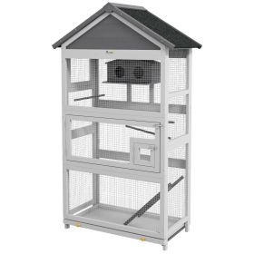 PawHut Elegant Wooden Bird Aviary with Slide-Out Tray Ladder Perches for Finches Parakeets Cozy Gray